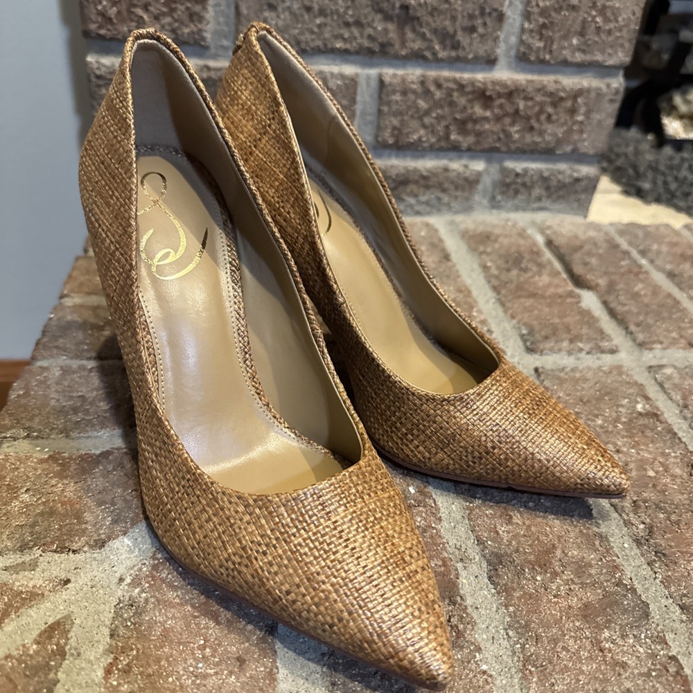 Sam Edelman Hazel Pointed Toe Pump Size 7W Cuoio Basket Weave Brown #808
